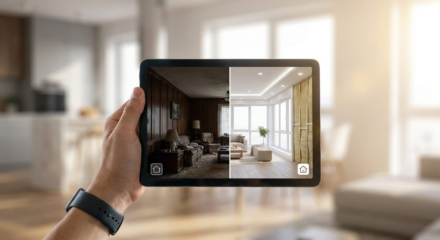Gros plan sur une tablette affichant un comparatif 'avant/après' d'un salon rénové et modernisé, avec une main tenant la tablette.