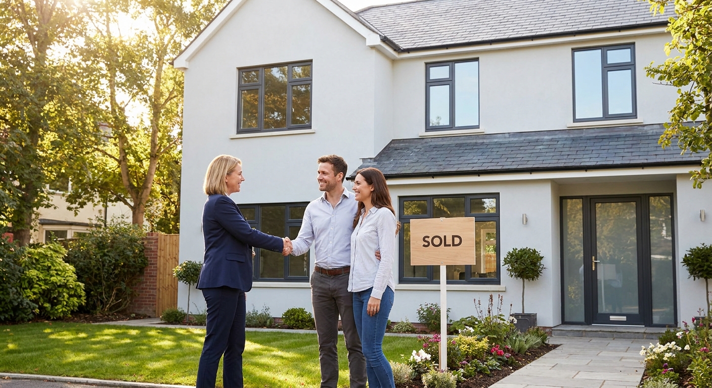 Agent immobilier serrant la main d'un couple souriant devant une maison avec un panneau 'Vendu' dans le jardin, symbolisant une vente réussie.