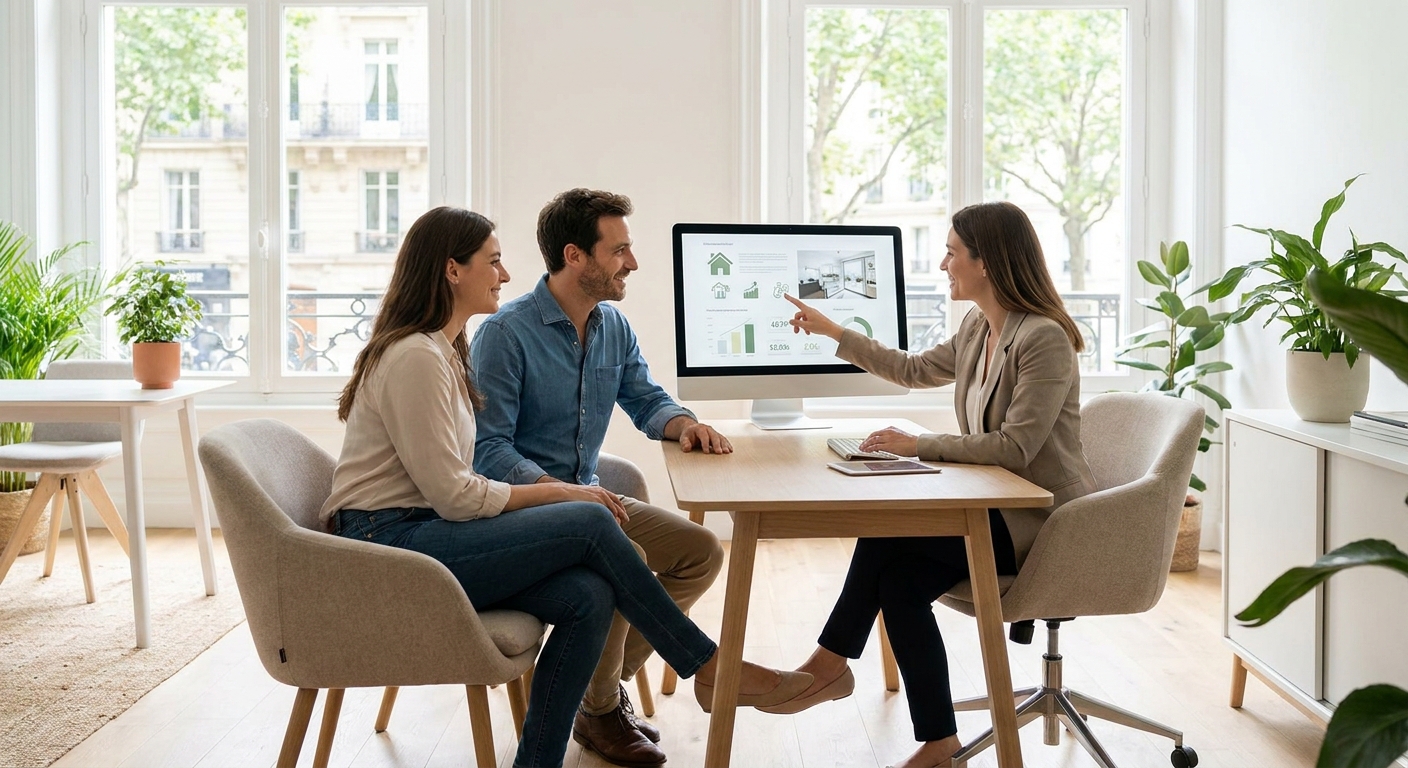 Un couple discutant de prêts de rénovation avec un conseiller bancaire