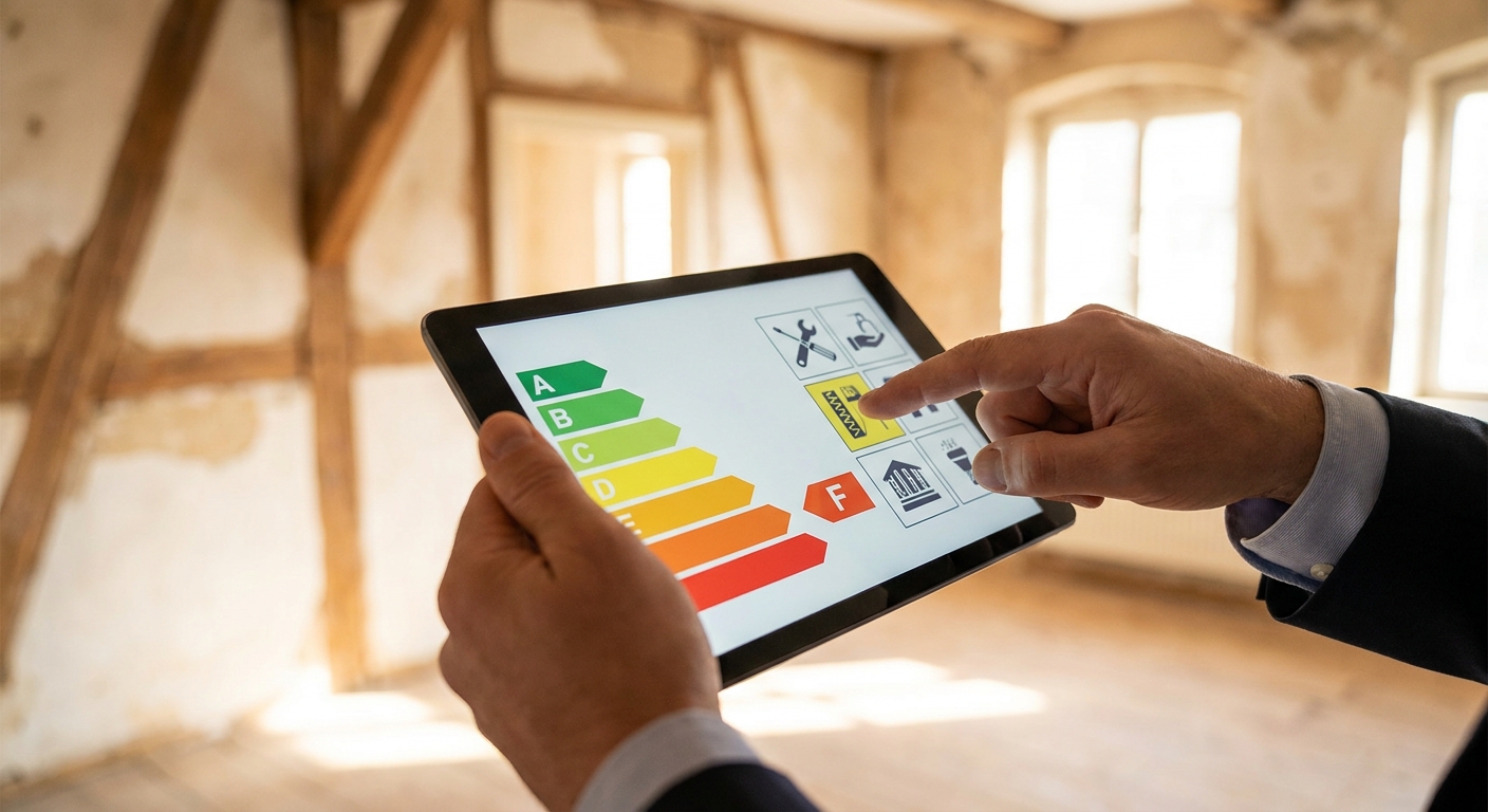 Main tenant une tablette affichant un DPE, l'autre main pointant vers les recommandations de travaux.