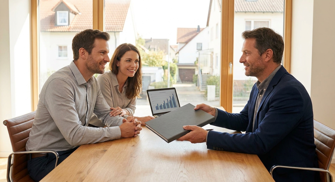 Agent immobilier présentant un rapport détaillé à un couple de vendeurs