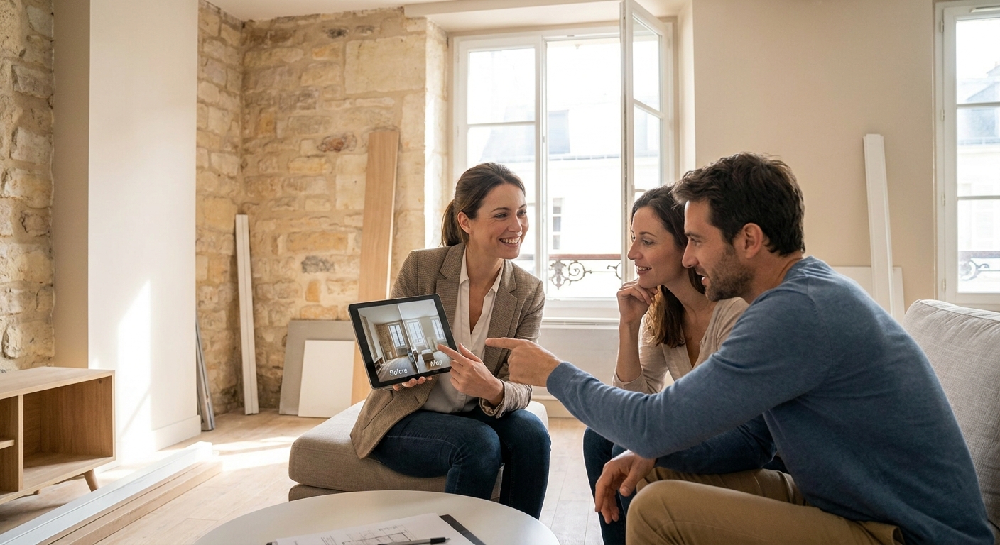 Une agente immobilière présente un rapport Colibrimo sur tablette à un couple dans un salon semi-rénové.