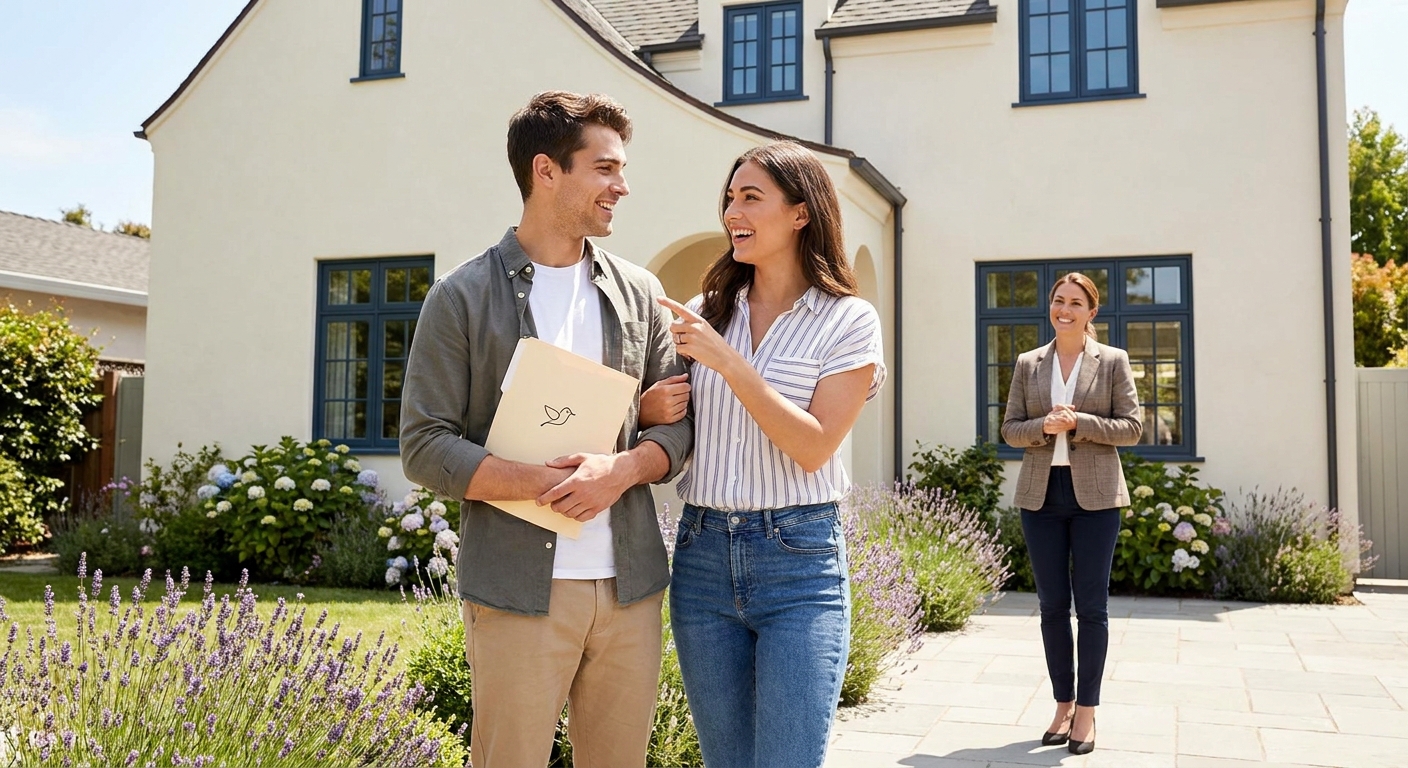 Un jeune couple radieux devant une maison rénovée, tenant un dossier Colibrimo, l'agent les observant.