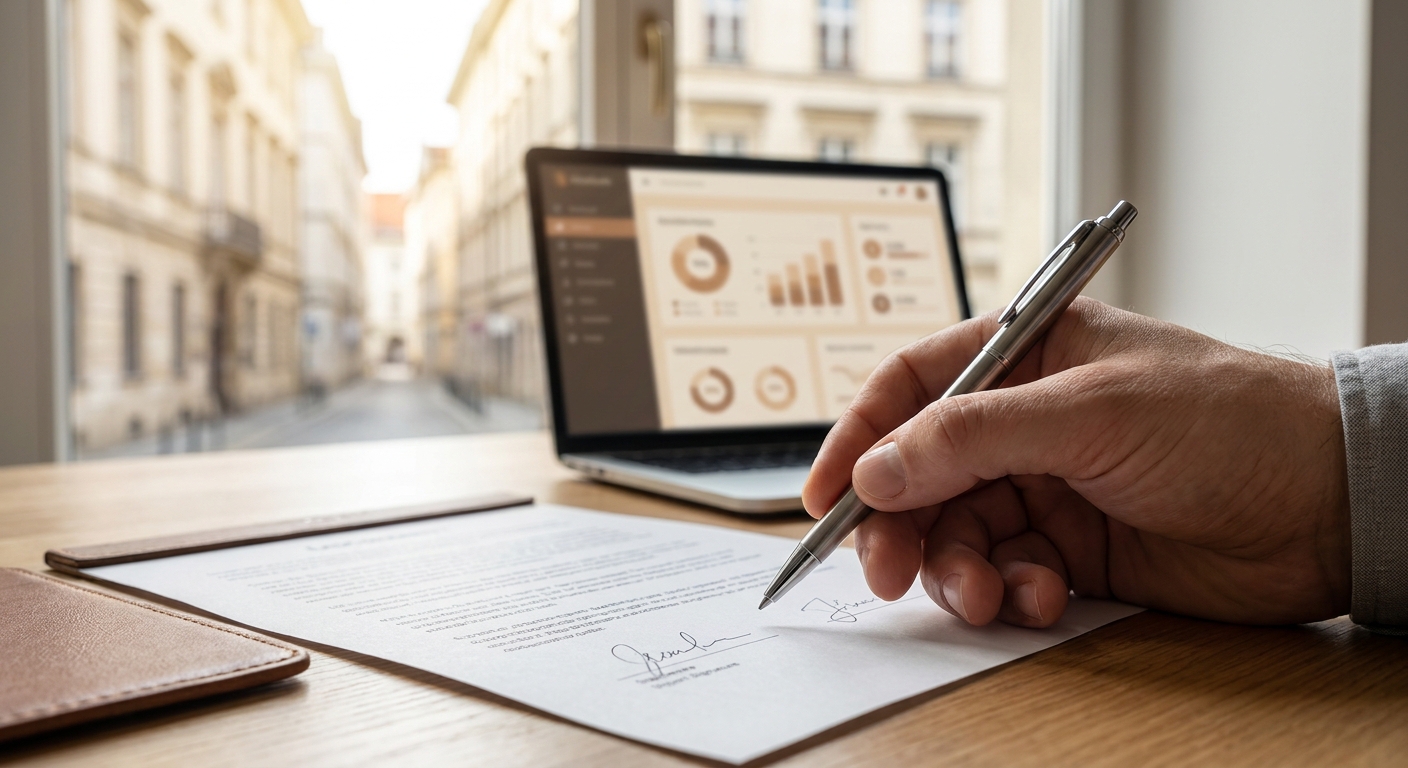 Gros plan d'une main d'agent signant un contrat de vente, avec l'application Colibrimo en arrière-plan.