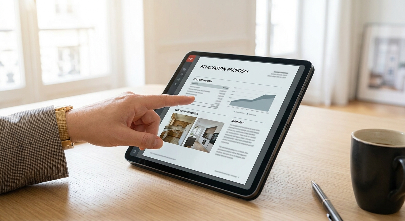 Un rapport PDF professionnel ouvert sur une tablette, présentant un chiffrage de travaux et des projections visuelles.