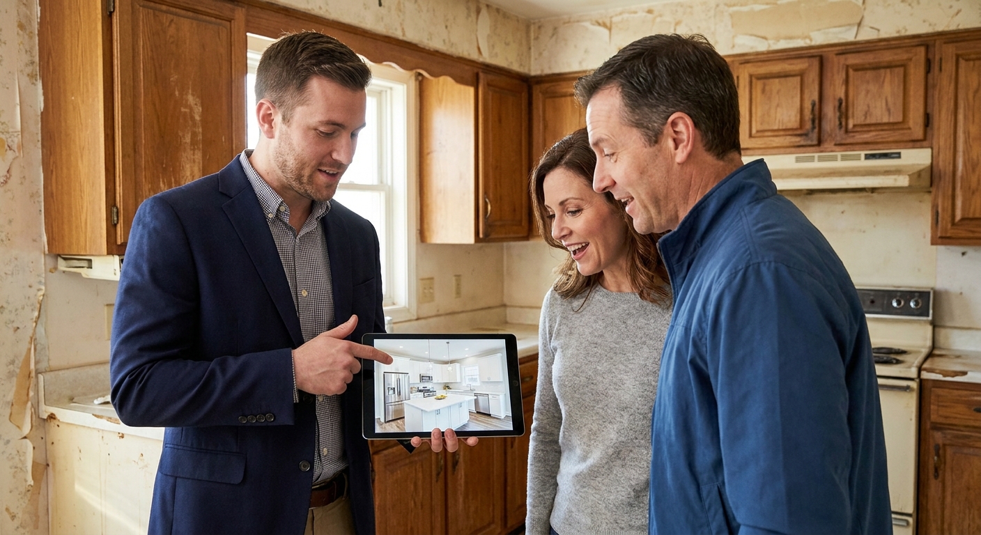 Agent immobilier montrant une projection de rénovation de cuisine 'avant/après' sur tablette à un couple intéressé.