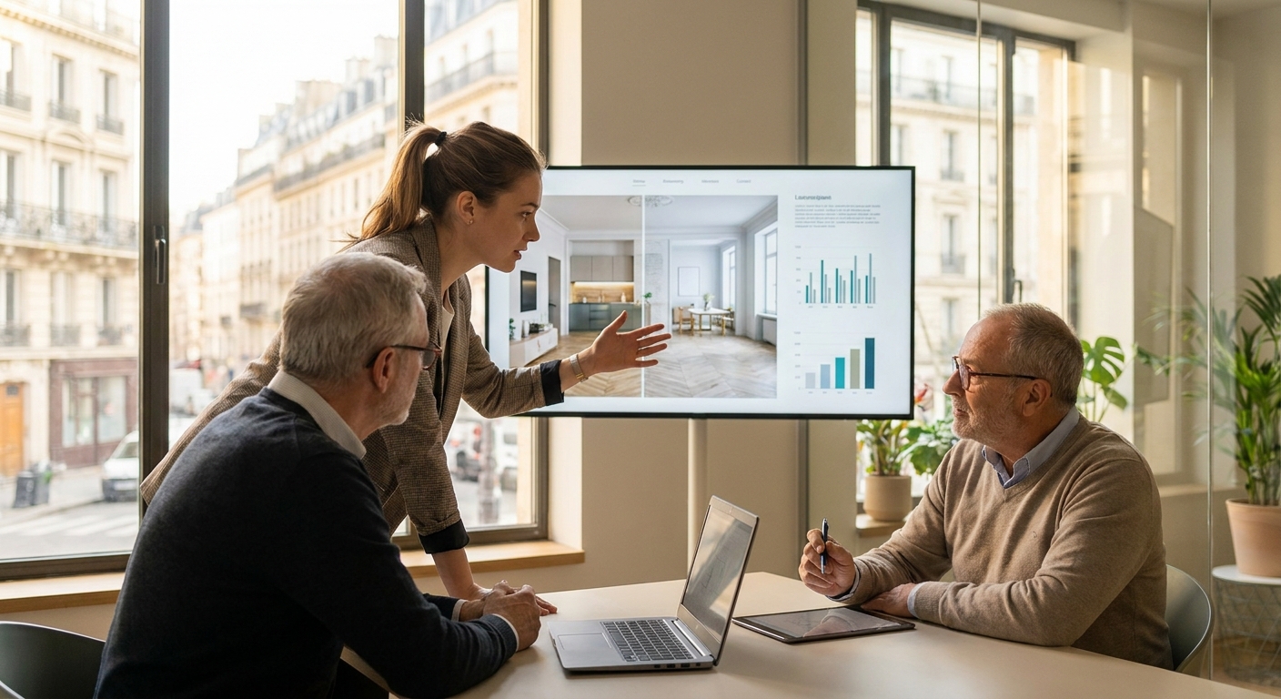 Agent immobilier présentant un rapport détaillé de projections visuelles et de chiffrage à un client sur un écran d'ordinateur.