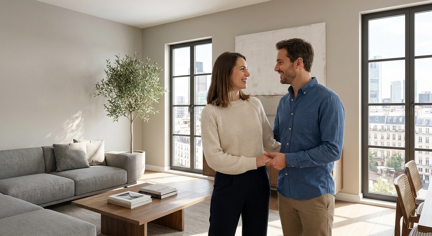 Un jeune couple heureux et souriant dans son salon fraîchement rénové, profitant de leur nouveau chez-eux.