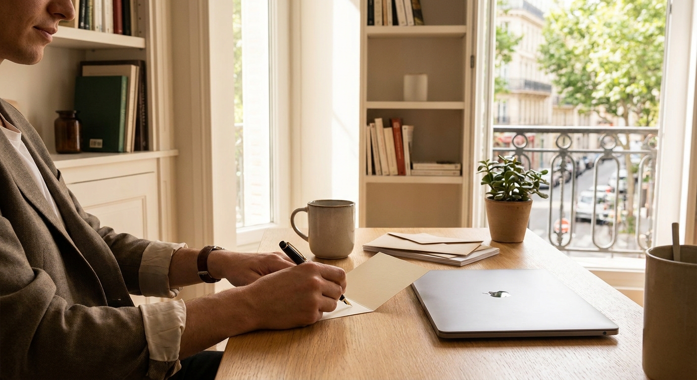 Écriture d'une carte de vœux personnalisée sur un bureau rangé