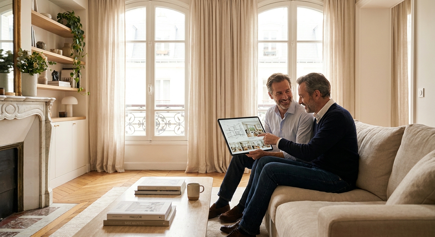 Couple consultant des informations immobilières ou des projections de travaux sur une tablette