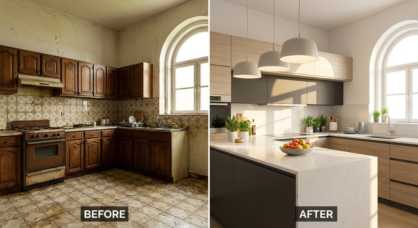 Comparaison avant/après d'une cuisine en ruine et de la même cuisine en home staging virtuel