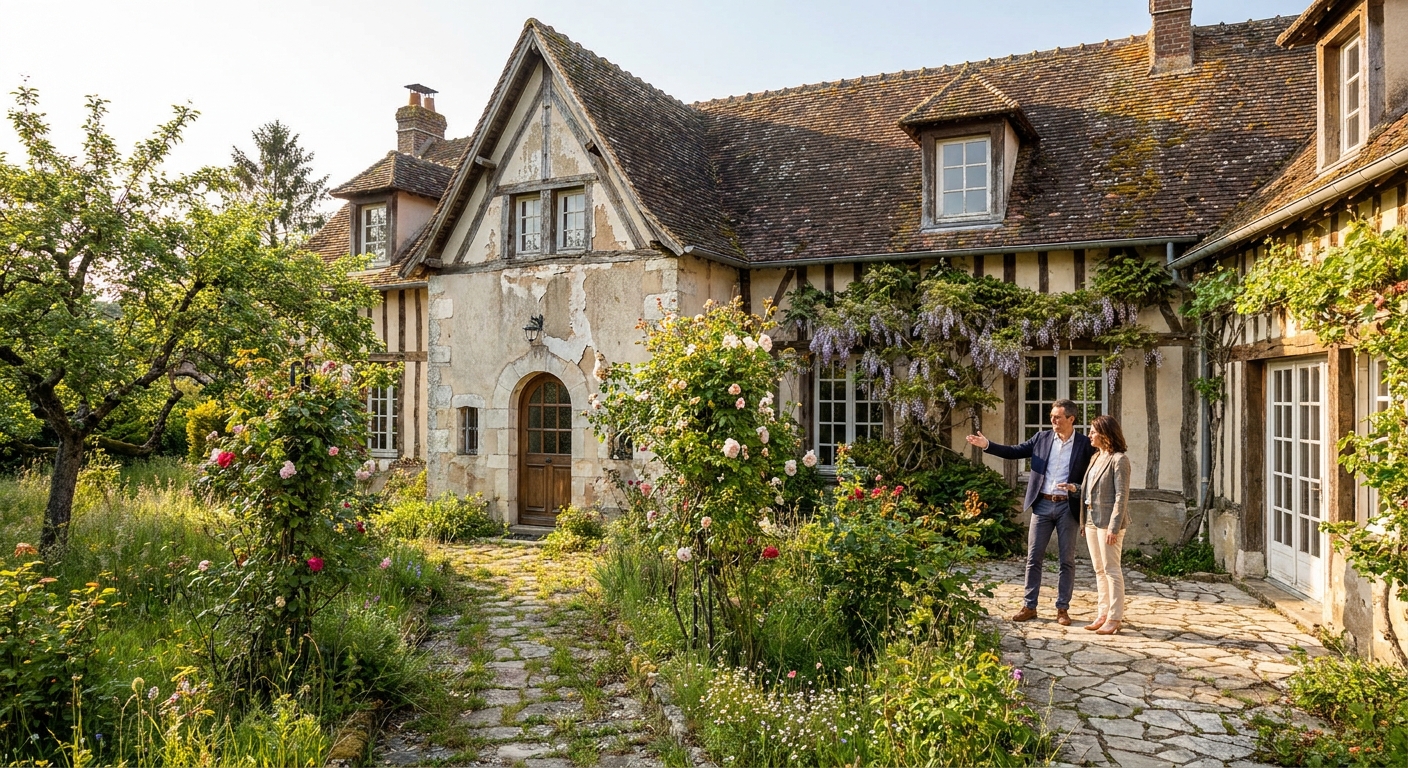 Photo extérieure d'une maison ancienne à rénover avec un jardin en friche mais prometteur