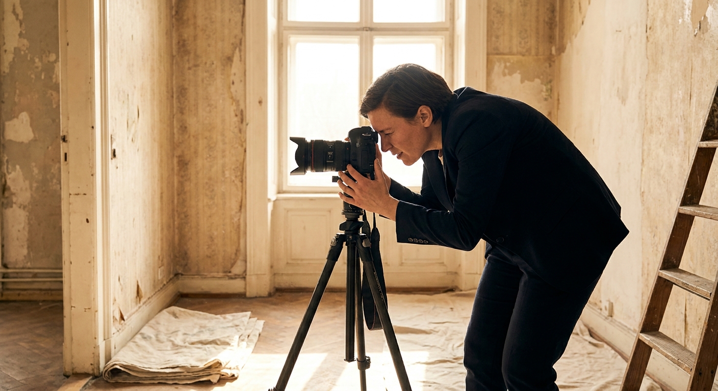 Un agent immobilier photographiant une pièce à rénover avec un appareil photo sur trépied