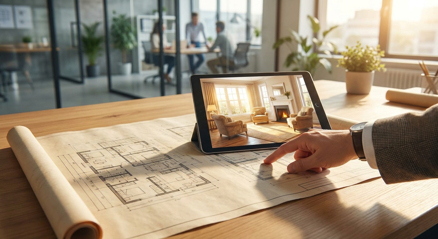 Un plan 2D à côté d'une tablette montrant un rendu 3D d'une pièce.