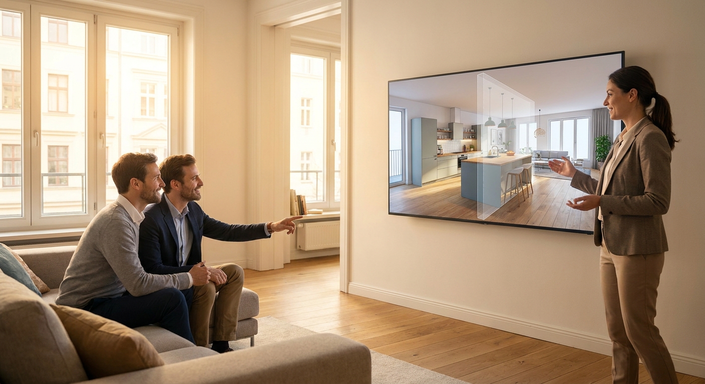 Un agent immobilier montrant une visite virtuelle 3D à un couple.