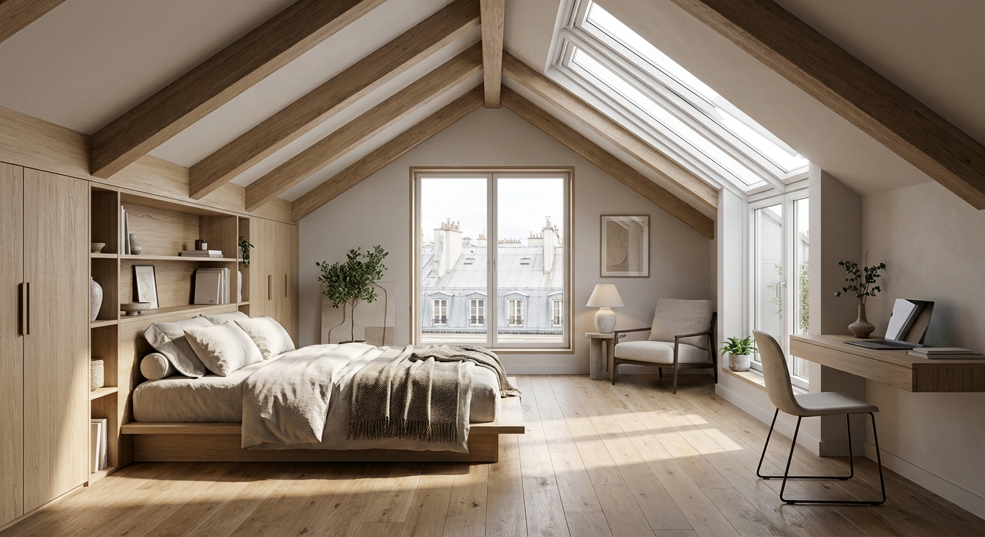 Un rendu 3D d'un grenier transformé en chambre lumineuse.