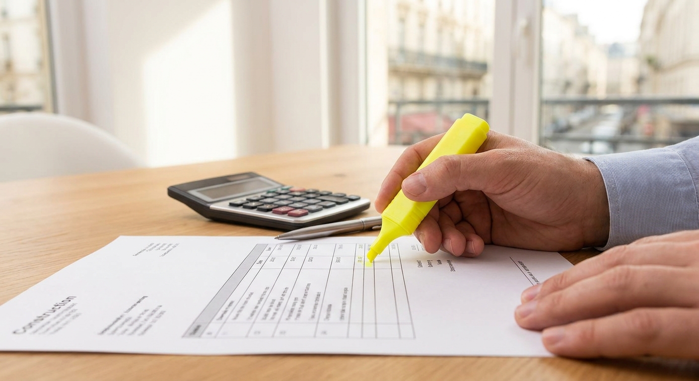 Main soulignant des détails sur un devis imprimé, avec un focus sur les quantités et prix unitaires.