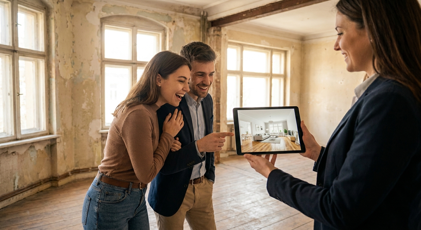 Un agent immobilier montrant une projection de rénovation sur tablette à un couple, dans un appartement ancien.