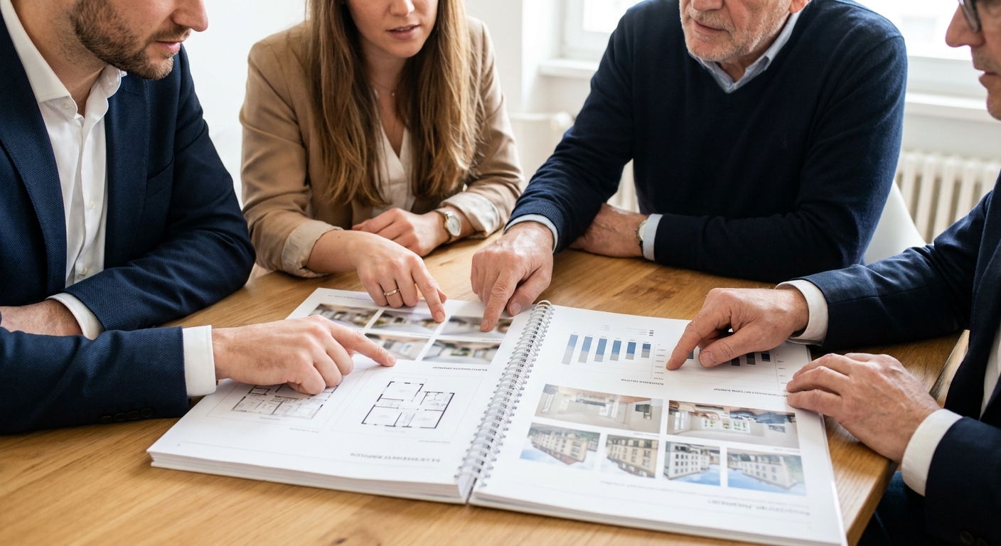Des personnes examinant un rapport détaillé de rénovation avec des estimations de coûts et des projections visuelles.