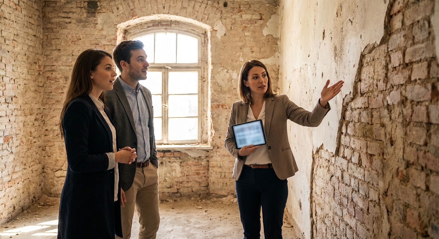 Agent immobilier montrant le potentiel d'une maison ancienne à un couple.