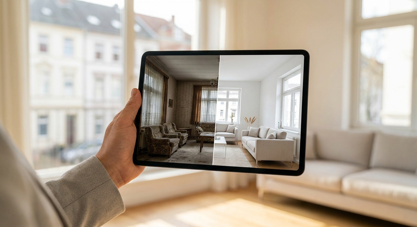 Tablette affichant un avant/après virtuel d'une rénovation de salon.