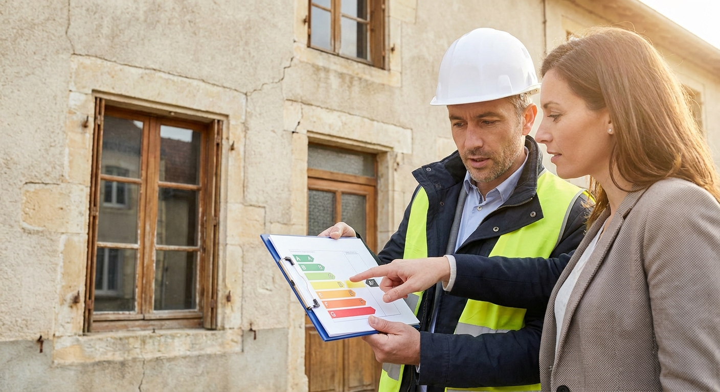 Consultant expliquant un DPE détaillé à un propriétaire devant sa maison.