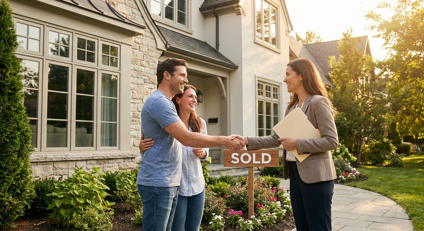 Agent immobilier serrant la main d'un couple satisfait devant une maison vendue.