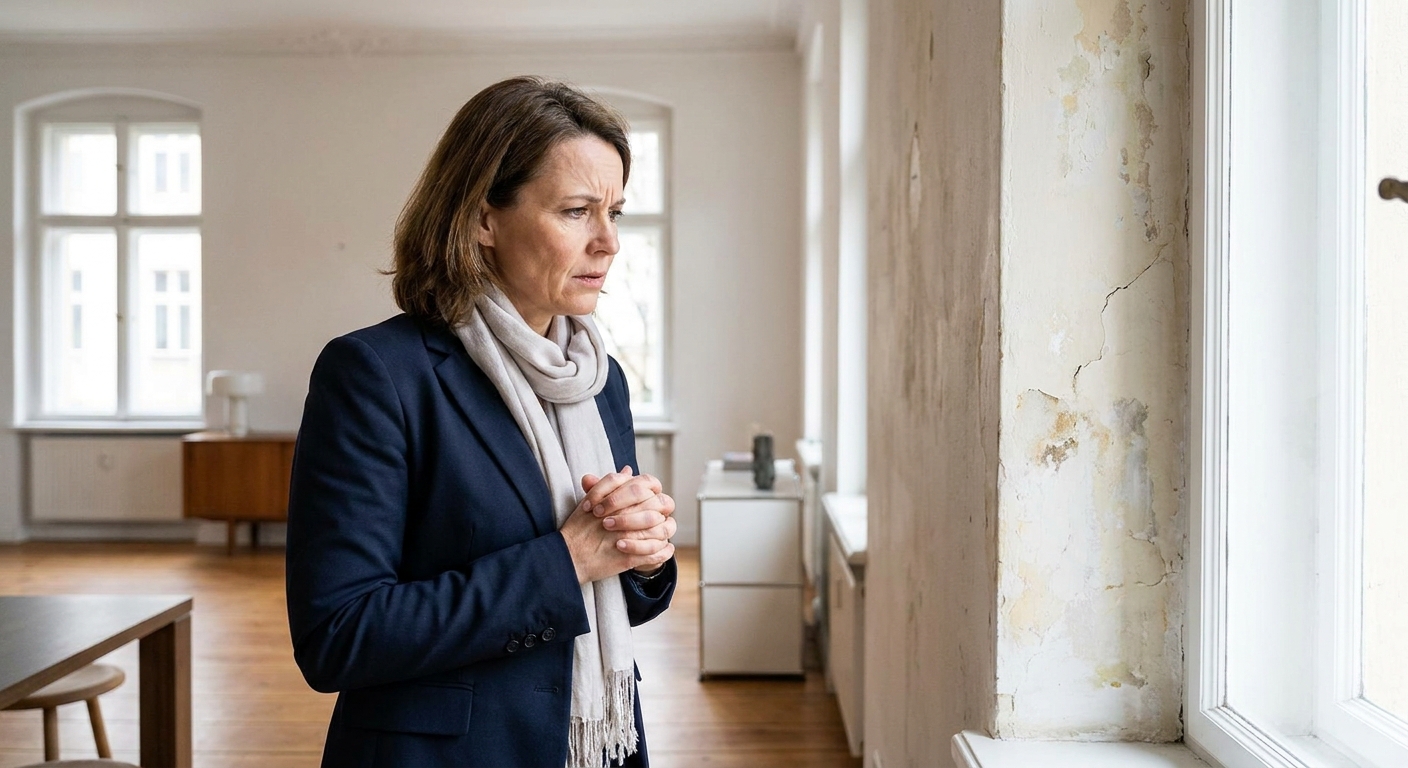 Femme anxieuse regardant un mur abîmé, symbolisant la crainte des travaux.