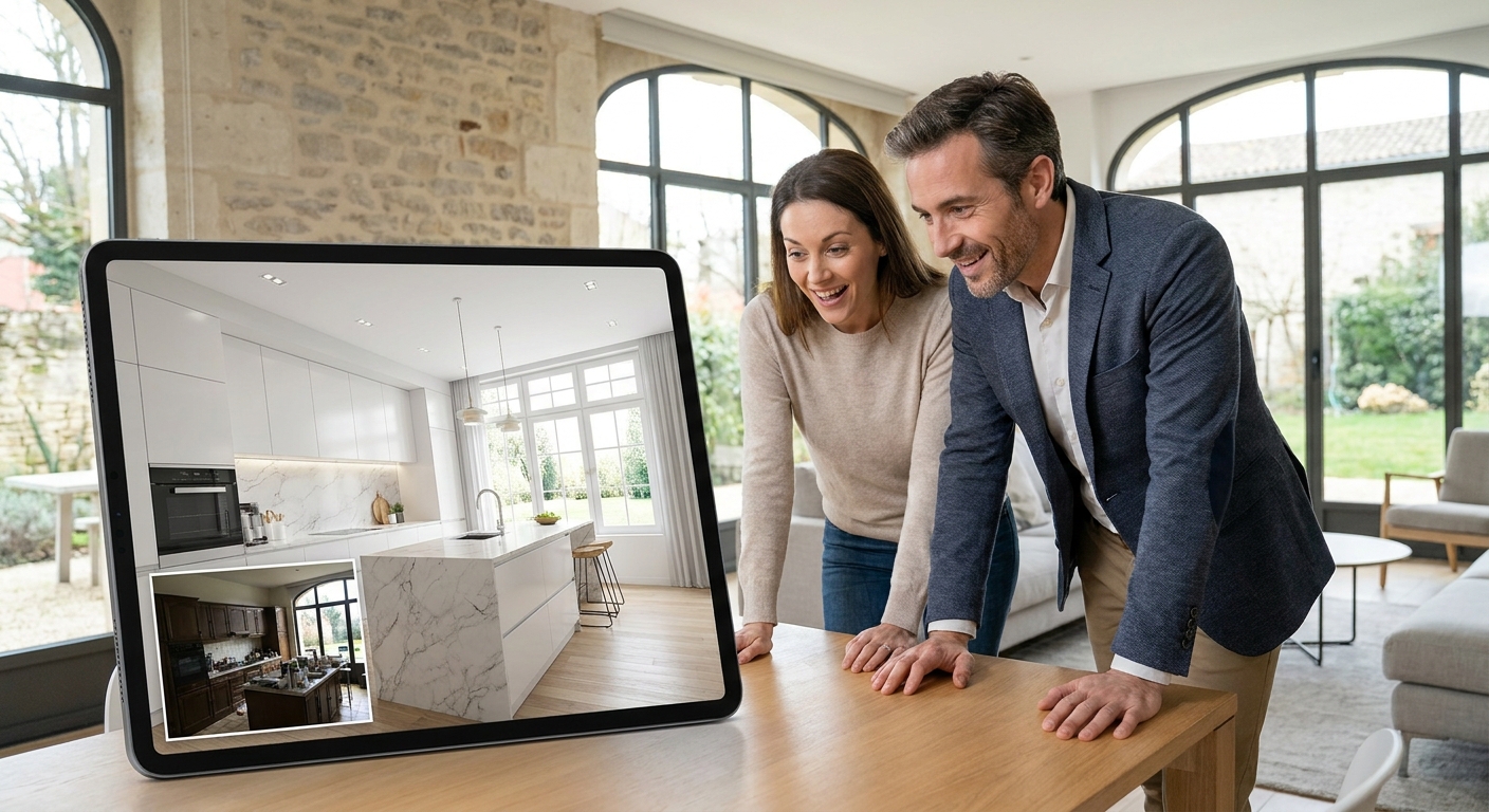 Couple souriant devant une projection architecturale d'une cuisine rénovée sur tablette.