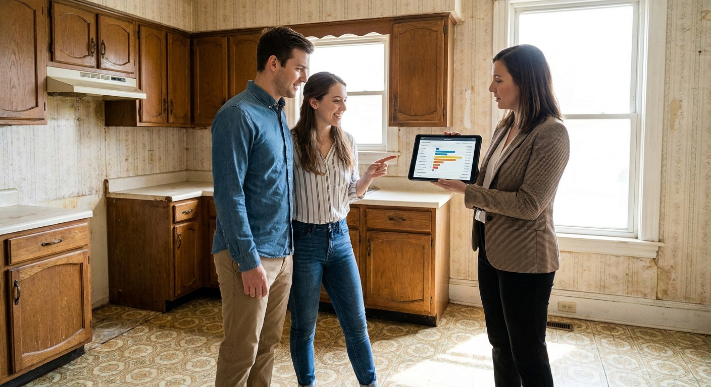 Un couple et un agent immobilier examinant une estimation de coûts de rénovation de cuisine sur une tablette.