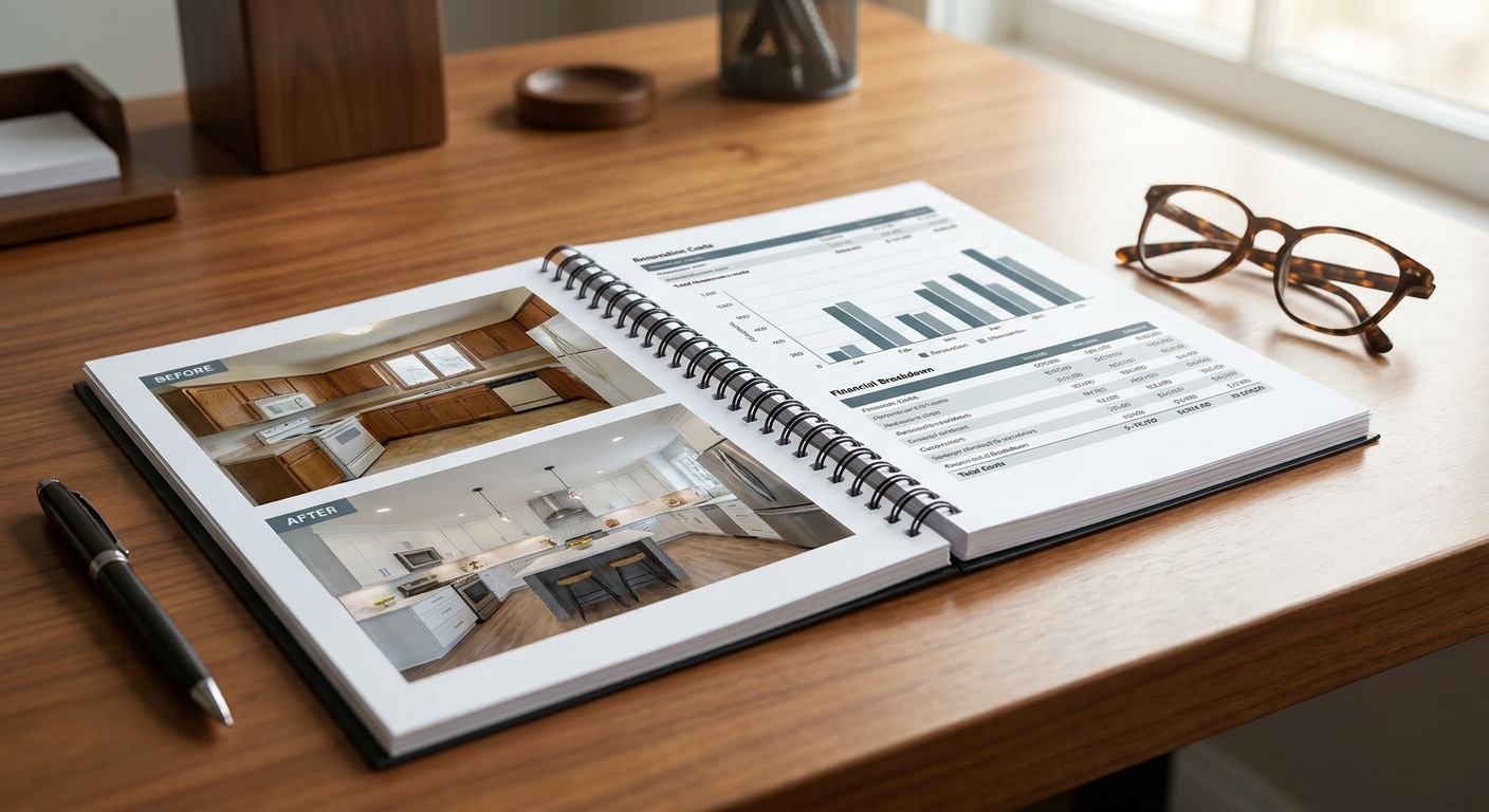 Gros plan sur un rapport PDF professionnel détaillant visuels avant/après et coûts de rénovation sur un bureau.