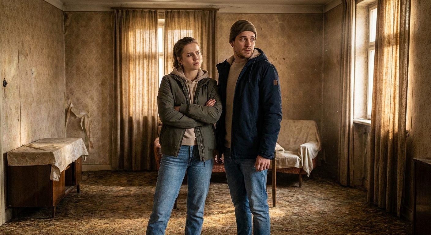 Un jeune couple l'air préoccupé dans un salon ancien et en mauvais état, symbolisant le défi des travaux.