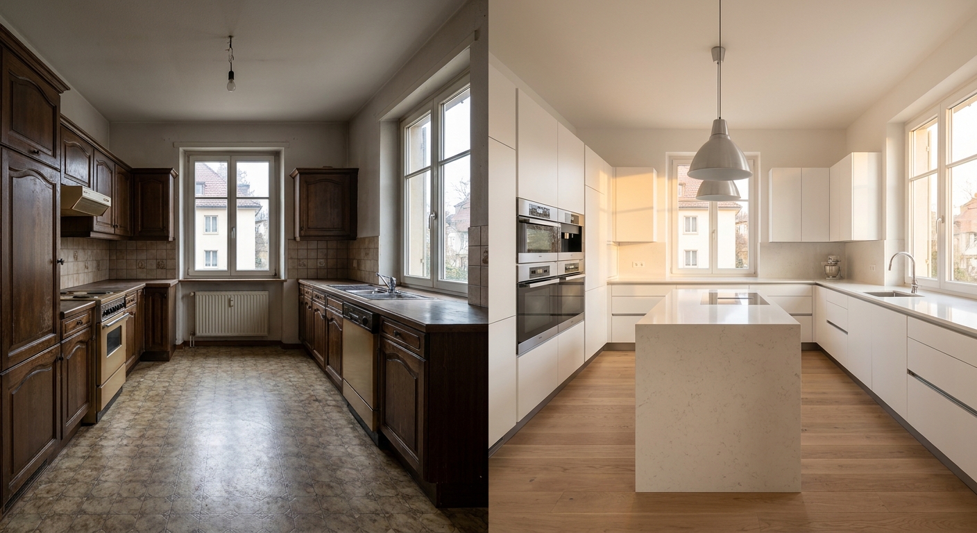 Comparaison avant/après d'une cuisine : une moitié ancienne et l'autre modernisée par home staging virtuel.