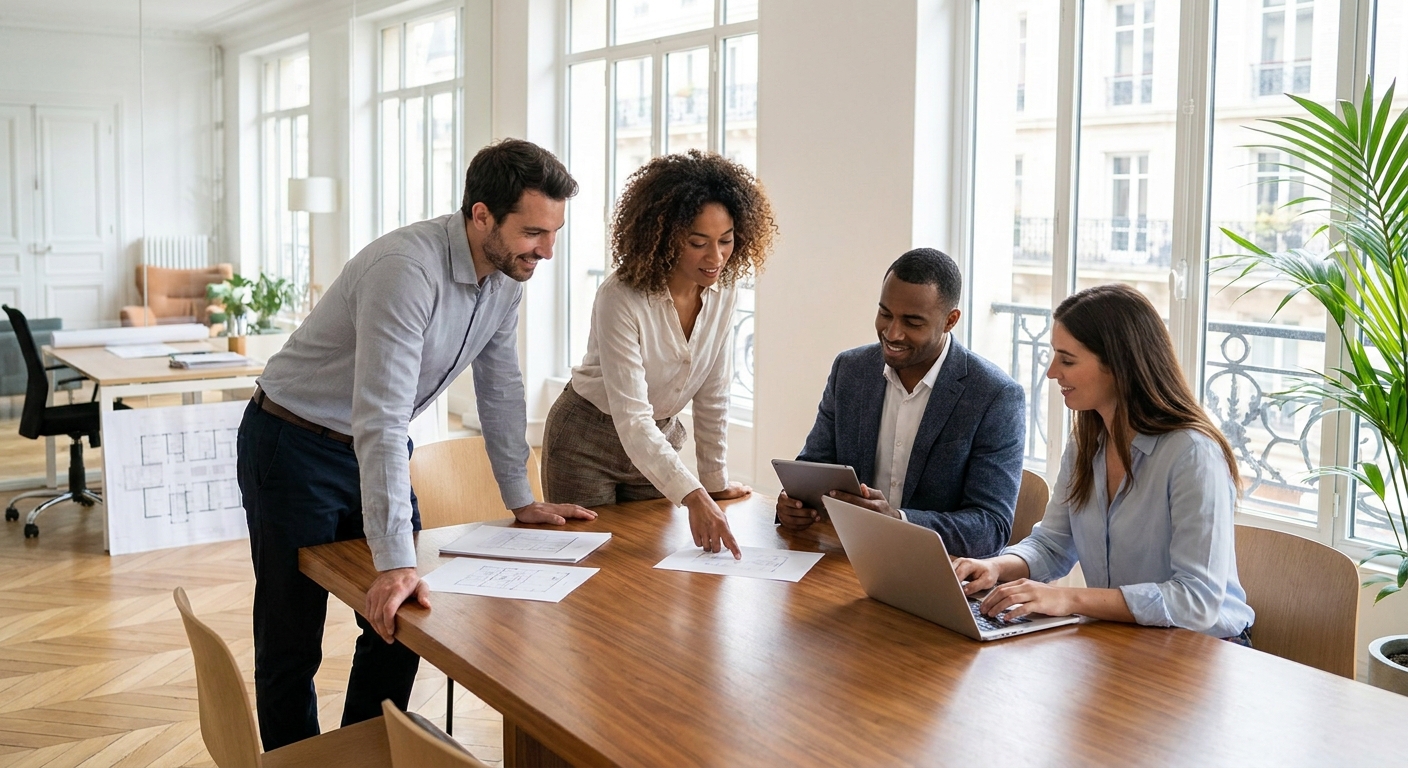 Un groupe d'agents immobiliers professionnels et diversifiés discutant de rapports et stratégies dans un bureau moderne.