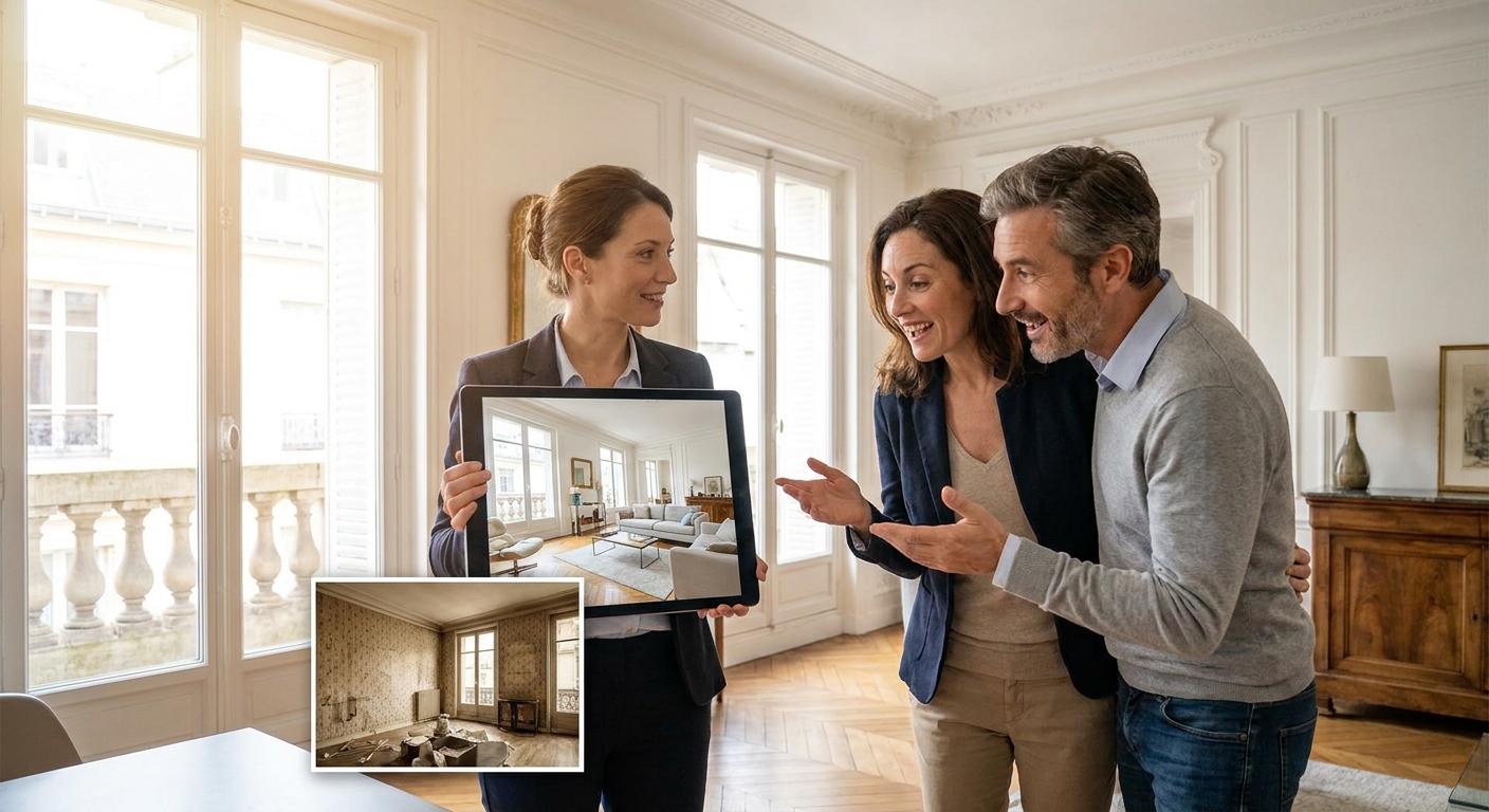 Agent montrant une projection visuelle 'avant/après' de rénovation sur tablette