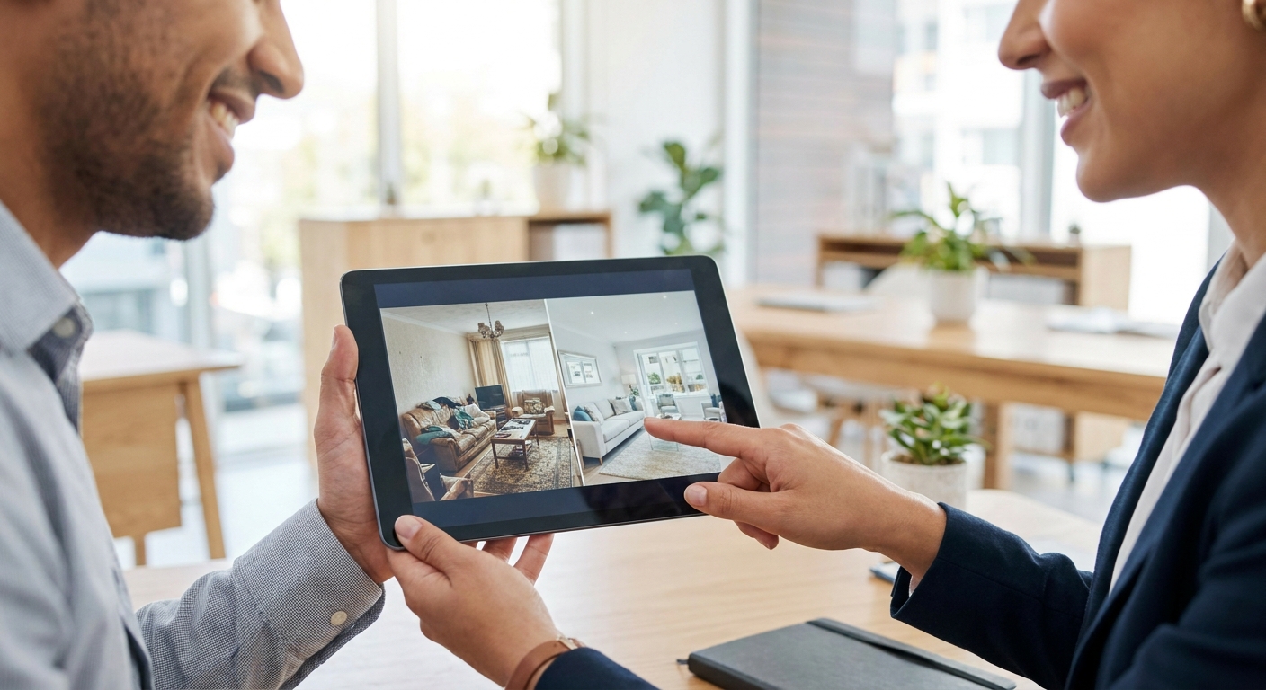 Agent montrant sur une tablette les projections 'avant/après' d'un salon rénové à un client.