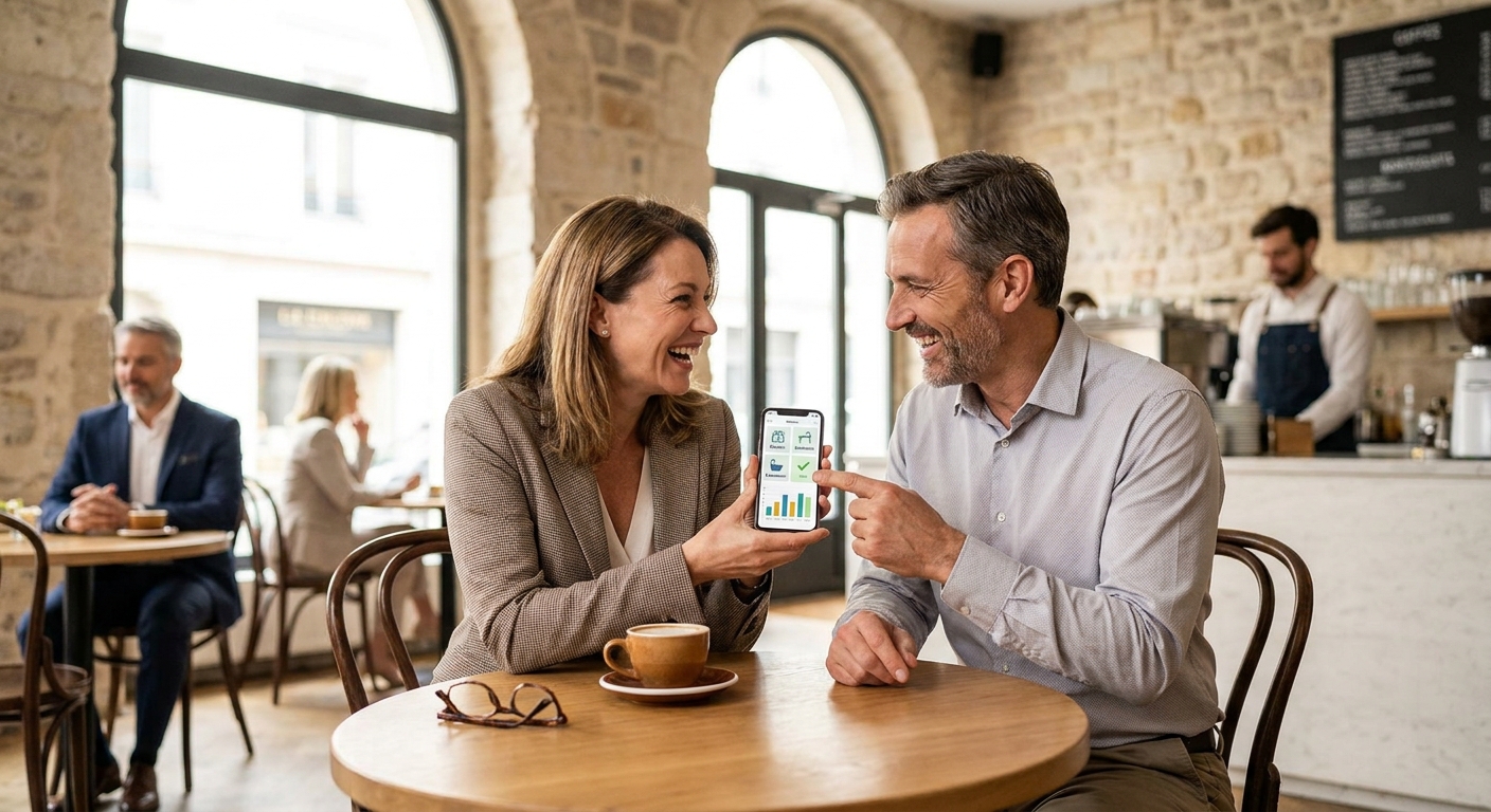 Couple souriant consultant leur projet de rénovation sur un smartphone dans un café.
