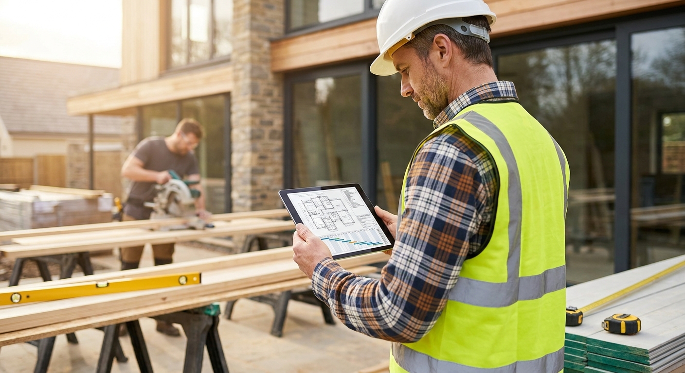 Artisan en bâtiment consultant un plan de projet sur une tablette sur un chantier organisé.
