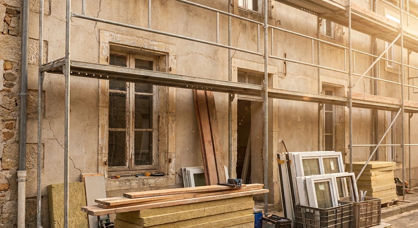 Une maison en cours de rénovation énergétique avec échafaudage