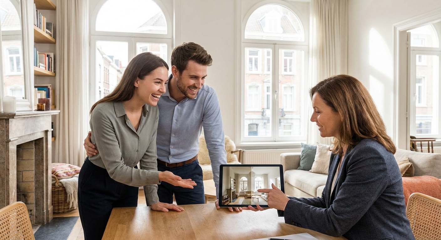 Un couple visualise une projection de rénovation virtuelle sur tablette avec un agent