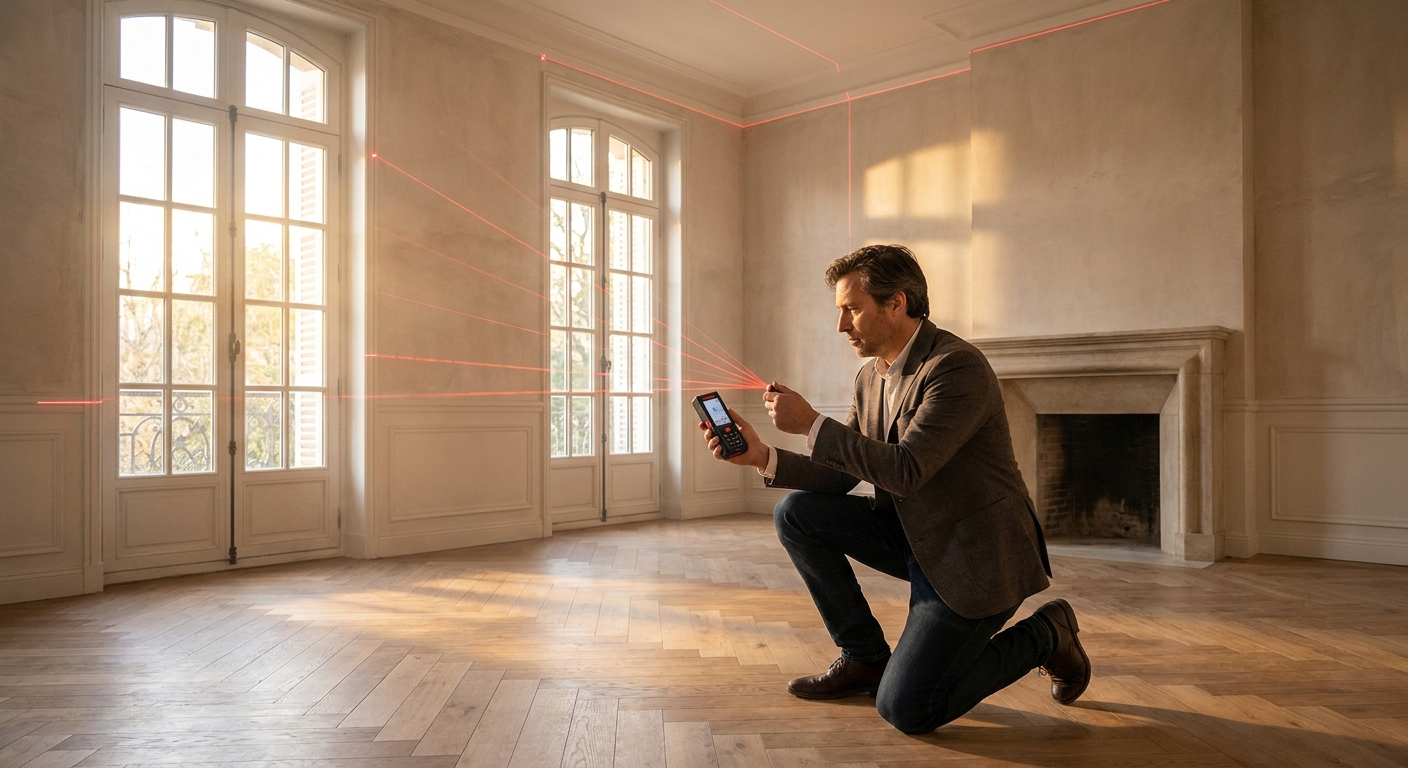Un professionnel utilise un appareil de mesure laser LiDAR dans une pièce vide