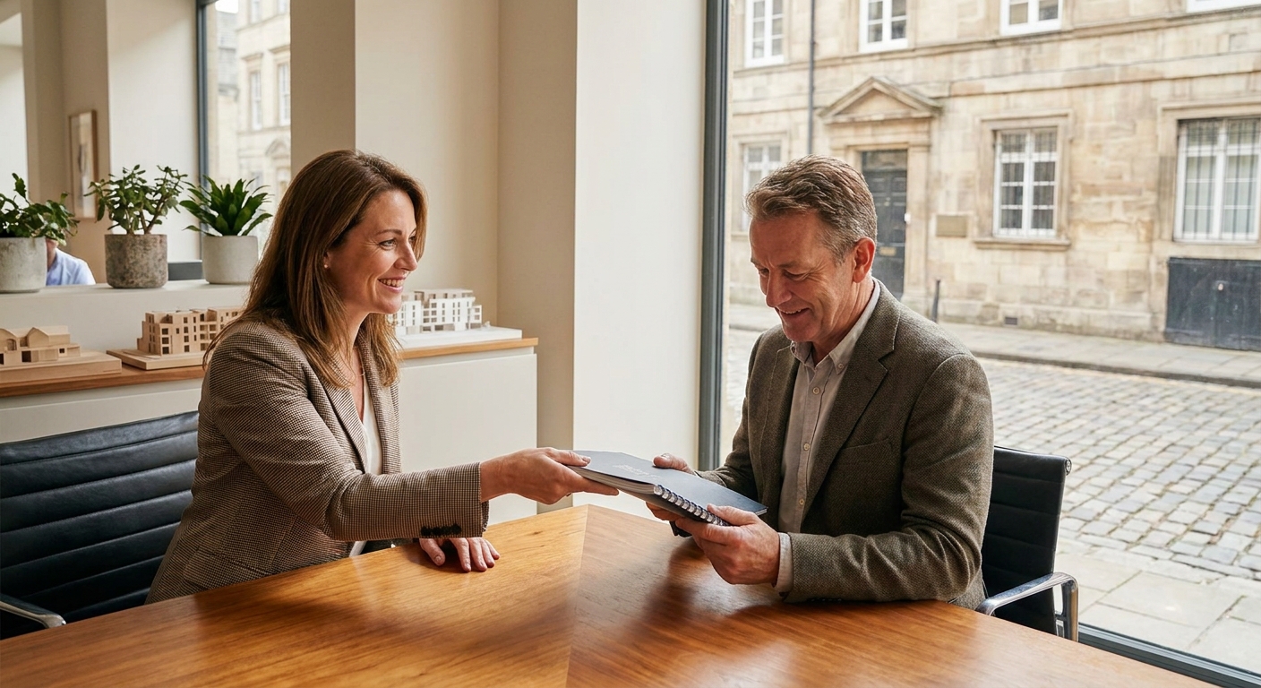 Un agent immobilier remettant un rapport PDF professionnel à un client