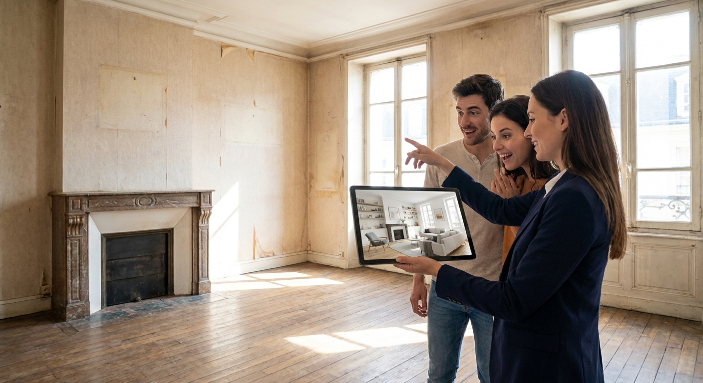 Laura, agente immobilière, montre une projection 'après travaux' sur tablette à un couple visitant un salon ancien.