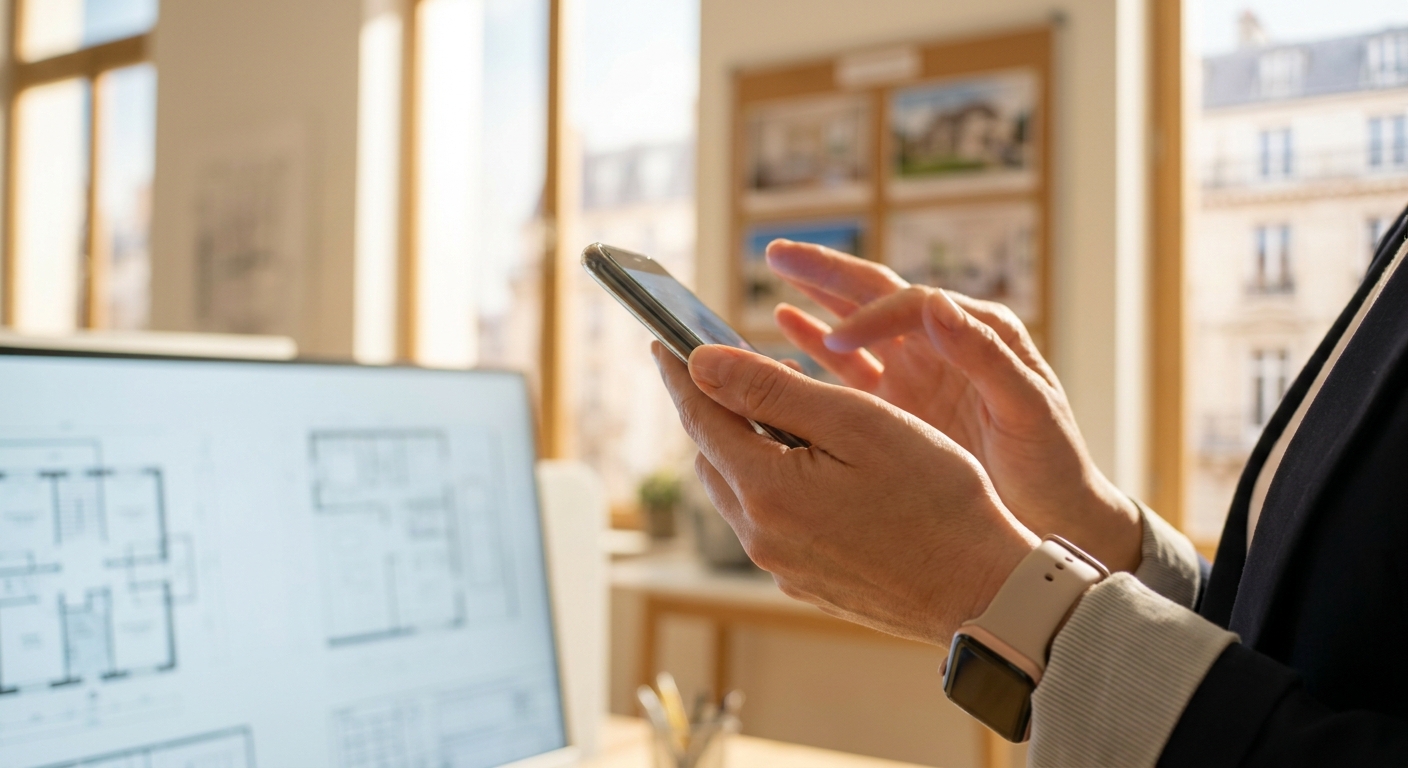 Gros plan sur les mains de Laura utilisant la dictée vocale sur son smartphone pour une estimation rapide.