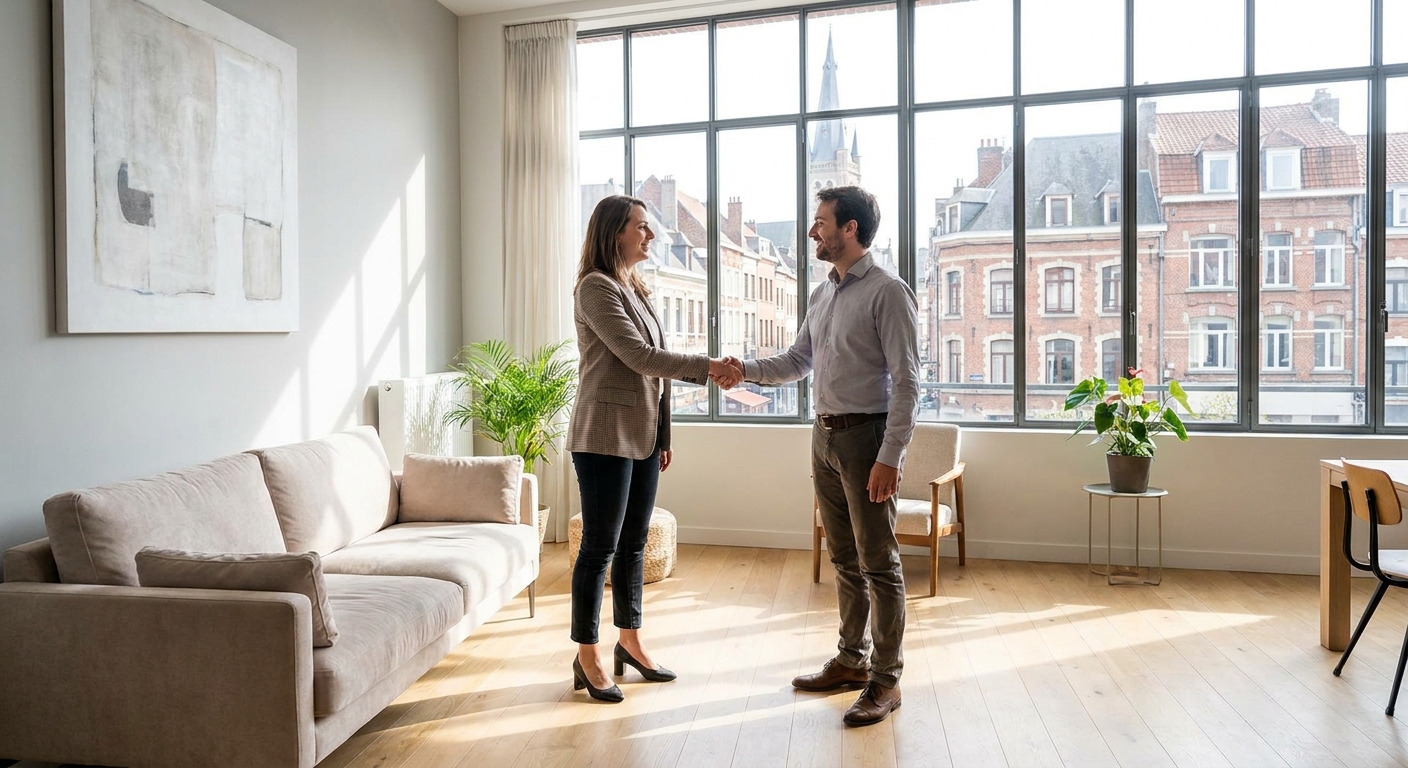 Laura, agente immobilière, serre la main d'un client satisfait dans un salon fraîchement rénové et vendu.